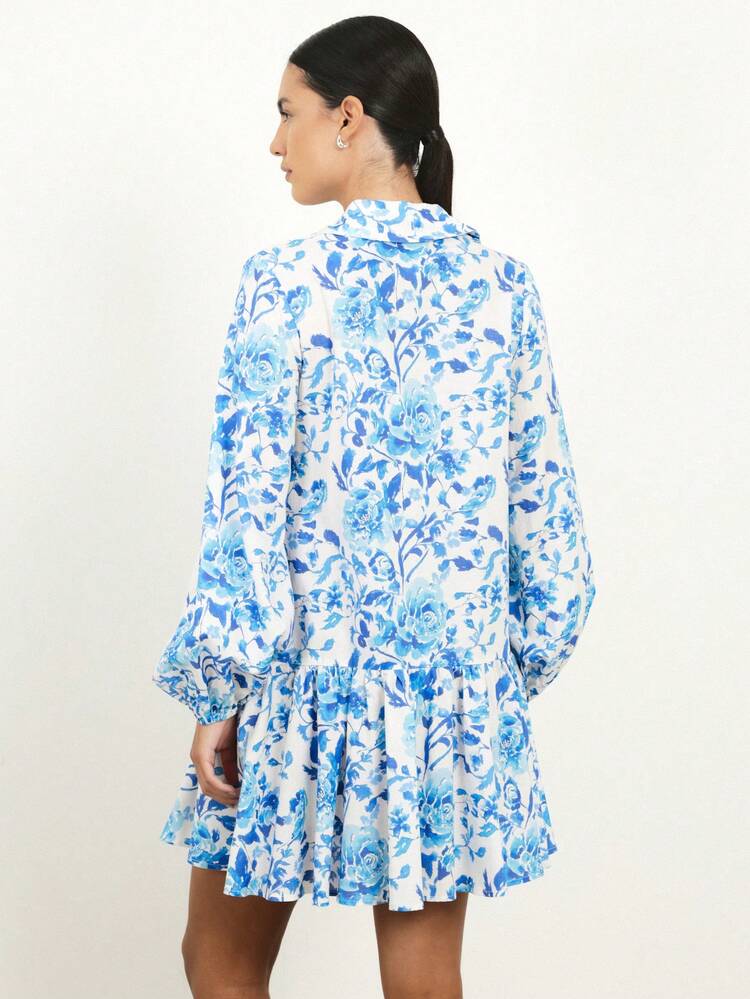 KSTM Blue Floral Mini Shirt Dress With Long Sleeves And Collared Neckline Perfect For Spring Summer Casual Day Wear