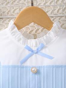 SHEIN 1件女童优雅荷叶边领短袖撞色修身连衣裙，质感面料，适合春夏旅行、度假或正式场合 - 藍色 - 查看 4