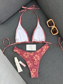 SHEIN Swim Vcay Women's Summer Beach Floral Printed Halter Neck Tie Sexy Bikini Set - Multicolor - View 3