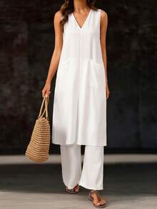 EMERY ROSE Débardeur ample à encolure en V pour femmes, débardeur minimaliste élégant sans dos en coton de style lin d'été, pantalon ample à jambes droites, style vacances - Blanc - Voir 4
