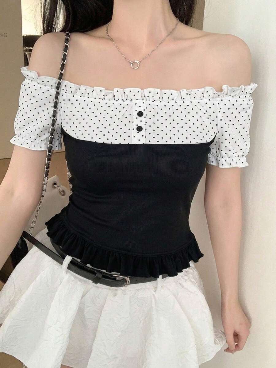 DAZY Women's Casual Contrast Color Bow Short Sleeve T-Shirt Cute Tops - Black and White - View 1