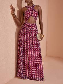 JIAN LASALA All-Over Print Mesh Halter Neck Tie Sleeveless Bustier Cutout Women Bodycon Maxi Dress - Multicolor - View 6