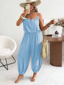 Ceyna Bộ jumpsuit ống rộng xếp ly màu trơn thanh lịch, dáng thường ngày, cỡ lớn. - Màu xanh lam - Xem 3