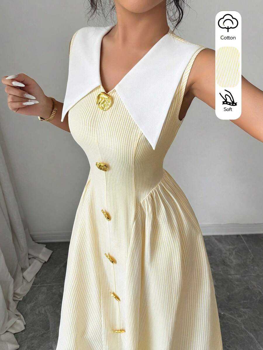 Selianne 女款白色夏季 1960 年代優雅學院風復古法式大翻領單排扣收腰百褶喇叭中長洋裝,適合茶會與早午餐 - 黃色 - 查看 1
