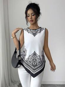 Selianne Women's White Print Sleeveless Tank Top,Round Neck Lightweight Summer Elegant Basic Work Golf Blouse,Suitable For Casual,Vacation,Beach,Office,Holiday - Black and White - View 6