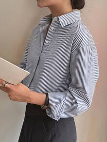 DAZY Women's Striped Single-Breasted Casual Versatile Daily Wear Shirt - Blue - View 5