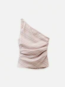 Nöista Two Pieces Set With One-Shoulder Striped Top Soft Drape Matching Shorts.For Summer Co-Ord.Perfect For Vacations Coord Matching Style Pool Party - Pink - View 9