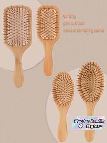 Natural Bamboo Hair Brush: Anti-Static Wooden Brush For Scalp Massage, Detangling & Smooth Cushion Styling Tool - Apricot - View 1