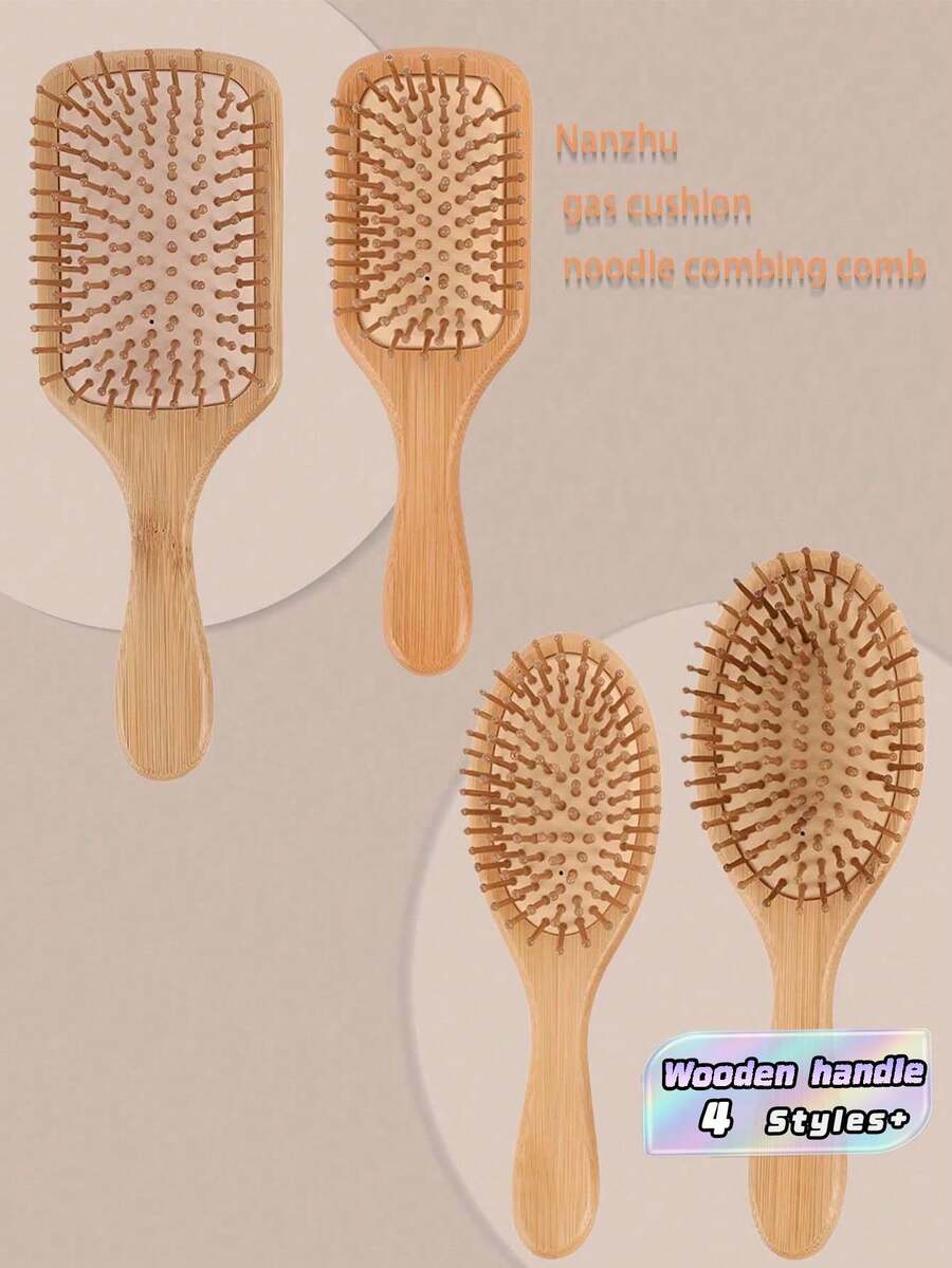 Natural Bamboo Hair Brush: Anti-Static Wooden Brush For Scalp Massage, Detangling & Smooth Cushion Styling Tool - Apricot - View 1