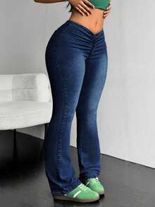 SHEIN EZwear 女士时尚百搭褶裥喇叭牛仔裤 - 深色水洗藍 - 查看 5