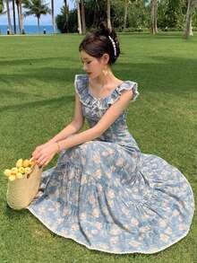 DAZY Women's Floral Print Patchwork Ruffle Hem Elegant Dress Sun Dresses For Women Vacation Outfits Women - Blue - View 5