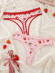 Strawberry Shortcake X SHEIN Quần lót dây thong nữ phối ren tương phản in hình dâu tây - Hồng - Xem 2