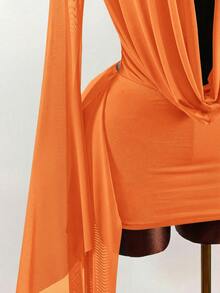 Amplova Romantic Vacation Earthy Tone Low-Cut Drape Collar, Flare Sleeve, Bodycon Mini Dress,Party Dresses For Women - Orange - View 6