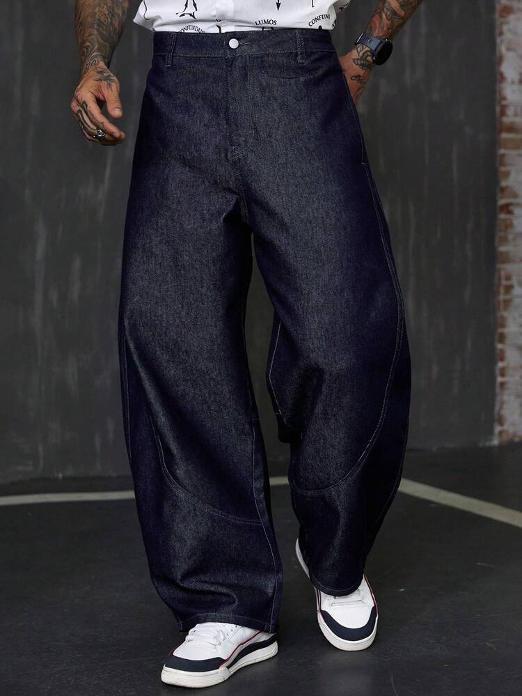 Long Curved Blade Washed Vintage Navy Blue Men's Jeans