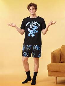 Men's Letter Print Short Sleeve T-Shirt And Shorts Pajama Set - Black - View 4