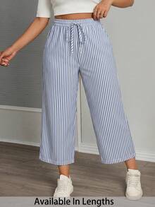 SHEIN PETITE CURVE PETITE CURVE 大码蓝白条纹棉质休闲裤，带口袋和侧开衩，适合春夏休闲、度假、通勤穿着。这款阔腿棉质裤风格百搭，充满波西米亚风情，性感迷人。条纹阔腿裤，夏季休闲裤，春季百搭单品。 - 藍白色 - 查看 2