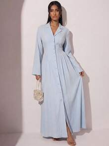 Veilorie Women's Minimalist Solid Color Front Button Waist Dress, Everyday Wear - Blue - View 7