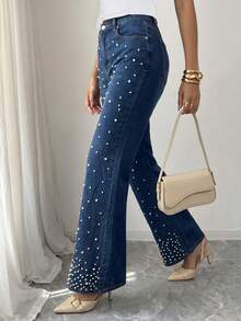 Elenzga Quần jeans ống loe thanh lịch dành cho nữ, trang trí bằng ngọc trai giả. - Màu xanh lam - Xem 5