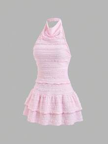 SHEIN Sweetro 2026春夏新款纹理吊带背心和迷你裙两件套，甜美时尚，适合外出和聚会 - 粉色 - 查看 4
