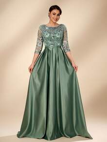 Serin Đầm maxi sang trọng, thanh lịch với chất liệu satin, đính hạt, sequin, ren, tay áo voan mỏng và eo xếp ly, thích hợp cho đám cưới, tiệc tùng, kỳ nghỉ, cô dâu, mẹ cô dâu. - màu xanh lá - Xem 6