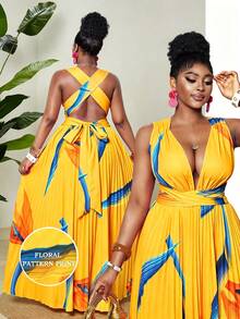 Maweii Plus Size Women Tropical Print Ruffle Dress - Yellow - View 1