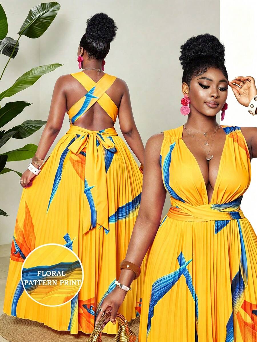 Maweii Plus Size Women Tropical Print Ruffle Dress - Yellow - View 1
