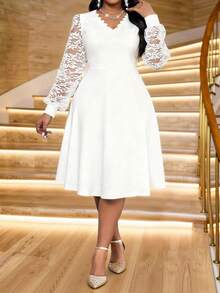 SHEIN Lady Plus Size Women V-Neck Contrast Lace Long Sleeve Elegant Ruffles Romantic Floral White Dress Fall Silky Formal Evening Wedding Cocktail Dinner - White - View 5