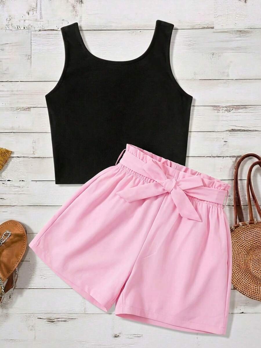 Bộ áo tank top và quần short thắt nơ tối giản dành cho bé gái tuổi teen. - Nhiều màu - Xem 1
