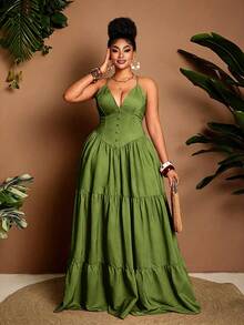 Maweii Đầm dài dáng chữ A gợi cảm dành cho nữ cỡ lớn, chất liệu giả denim. - Màu xanh Ô liu - Xem 5