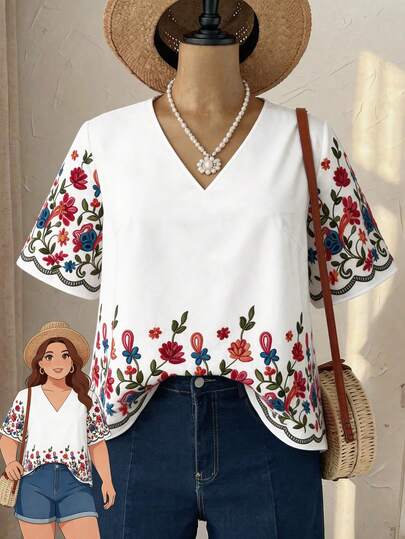 SHEIN EMERY ROSE CURVE Áo sơ mi cổ chữ V in họa tiết cỡ lớn dành cho kỳ nghỉ