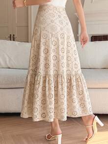 DAZY Apricot Elegant Women's Hollow Embroidered Ruffle Hem Skirt - Apricot - View 2