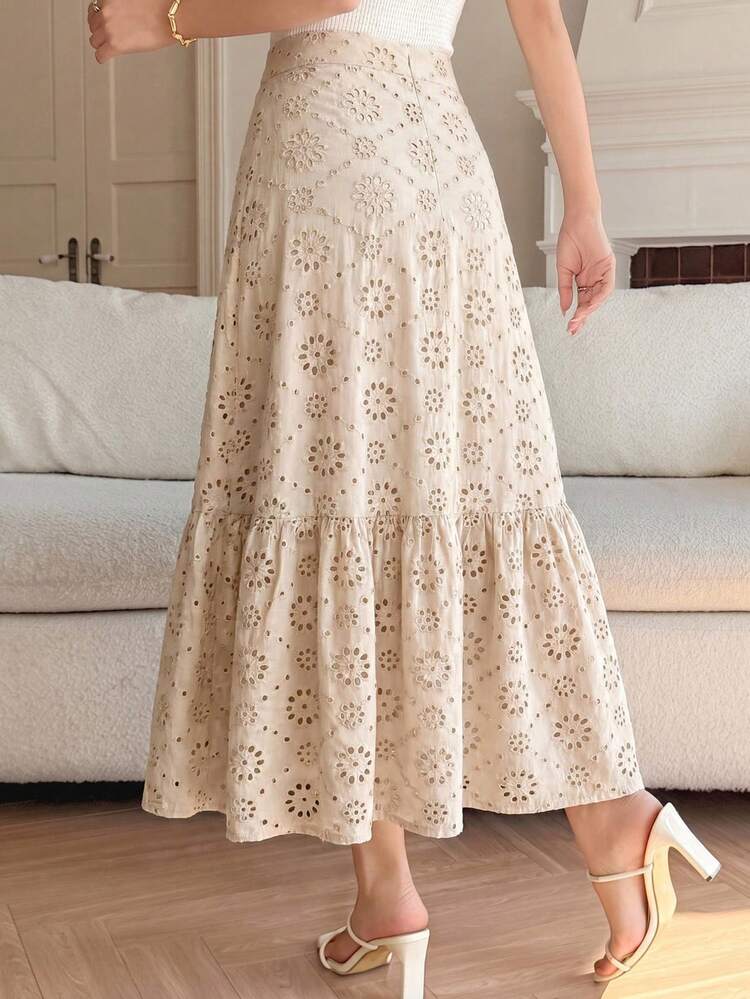 Apricot Elegant Women's Hollow Embroidered Ruffle Hem Skirt
