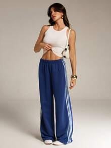SHEIN Tall Quần nỉ ống rộng màu xanh dương dành cho nữ, thích hợp mặc thường ngày. - Màu xanh lam - Xem 5
