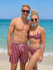 SHEIN (Exceto para bebês e crianças) Shorts de praia listrados masculinos, ideais para férias, encontros e viagens à ilha. - Multicolorido - Ver 3