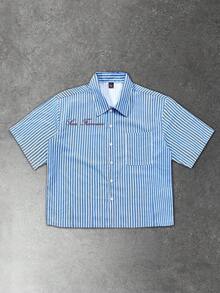 Manfinity EMRG Men's Casual Striped Letter Print Shirt, Summer - Blue - View 2