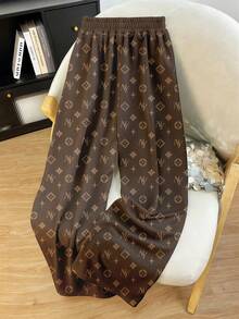 Resyla Calça feminina vintage com estampa total e cintura ajustável com cordão, estilo outono. - Multicolorido - Ver 2