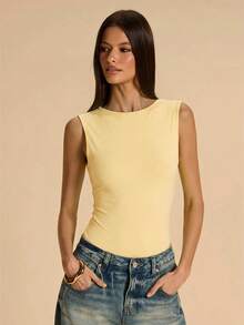 SHEIN BAE Women's Pale Yellow Summmer Seksi Chic Party Night Bodysuit,Backless Halter Metal Chain Decor Solid Color Elegant Casual Beach Vacation Bodysuit - Yellow - View 5