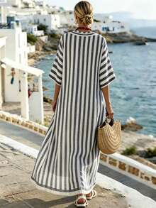 SHEIN Holidaya Đầm dài tay vai, họa tiết sọc xanh trắng, dáng chữ A dành cho nữ, thích hợp cho kỳ nghỉ, dã ngoại, đi biển, hẹn hò, đi làm, công sở và các dịp khác. - Nhiều màu - Xem 2