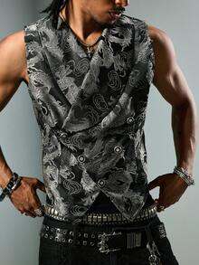 ROMWE MEN Goth 男士龙纹提花双排扣哥特式背心 - 黑色 - 查看 2