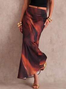 SHEIN Glamour Chân váy chữ A thanh lịch, đa năng, chất liệu satin in họa tiết, trang phục mùa hè, váy ôm sát thời trang. - màu nâu - Xem 7