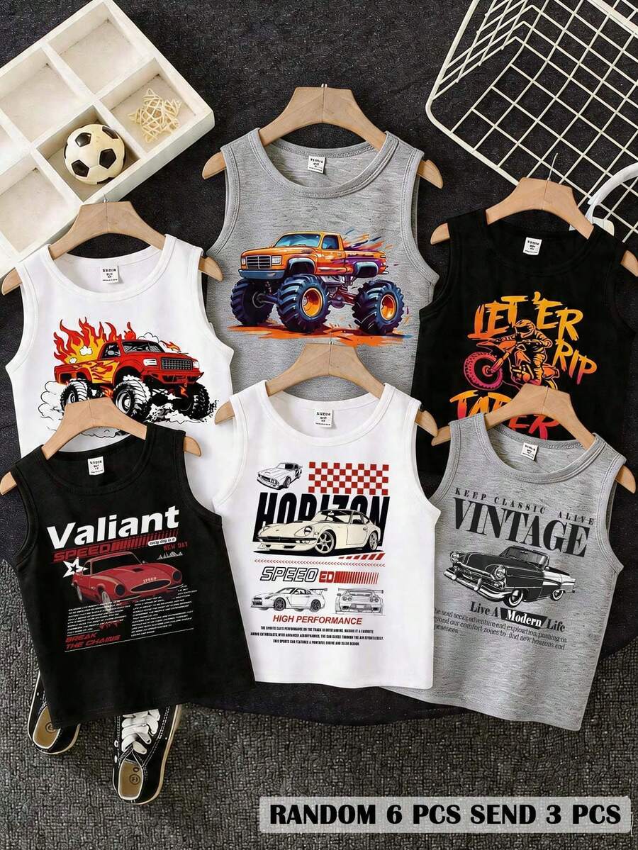 Set de 6 camisetas de tirantes casuales con estampado de carreras deportivas clásicas para niños, de verano - Multicolor - Ver 1
