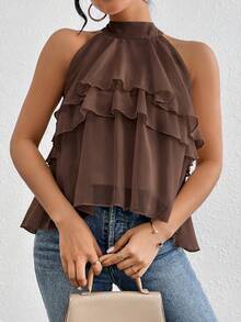 Firerie Áo hai dây xếp tầng nhiều lớp bằng chiffon màu trơn dành cho nữ, thích hợp cho kỳ nghỉ hè ở bãi biển. - Cà phê nâu - Xem 5
