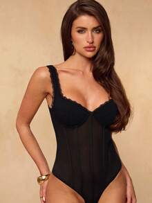 SHEIN BAE Áo hai dây lưới co giãn màu đen, áo corset nữ, áo ngực đen, áo tank top nữ, áo lót mùa xuân/hè, thích hợp cho tiệc tùng, cocktail, áo liền thân gợi cảm - màu đen - Xem 5