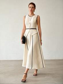 MOTF PREMIUM FASHIONABLE COLOR BLOCK MID-LENGTH DRESS FOR WOMEN - Apricot - View 6