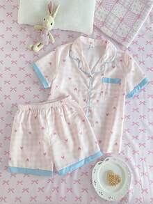 SHEIN Girls' Plaid Heart Print Short Sleeve Cardigan And Loose Shorts 2 Pieces Set, Fashionable And Cute Summer Outfit For Teens - Baby Pink - View 8