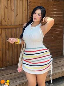Sunnyshic 大码女式优雅休闲白色条纹露肩褶皱性感吊带侧抽绳针织毛衣连衣裙，适合休闲海滩、音乐节、春夏穿着 - 彩色 - 查看 5