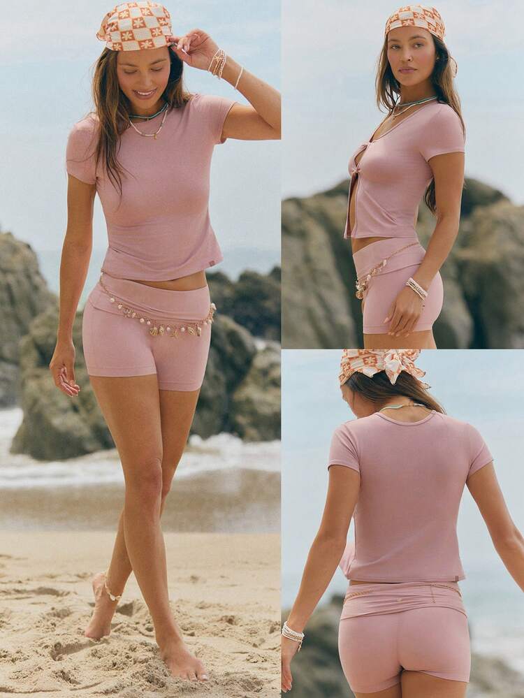 CloudKnit DuoFlow Slim Fit Waist Length Soft Stretchy Reversible Ribbed Flutter Sleeve Cutout Design Front Back Wear Top Summer Daily Casual Wear