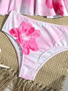 Tween Girl Floral Print Tie-Dye Halter Tankini Swimsuit Set - Apricot - View 5
