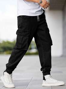 Manfinity Homme Plus Size Men's Casual Cargo Denim Jeans - Black - View 3