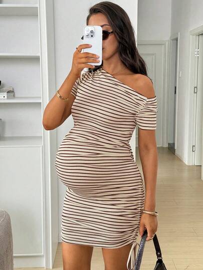 SHEIN 孕妇条纹修身短袖不对称肩部休闲夏季连衣裙